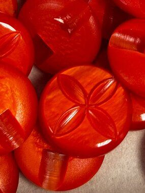 Vintage Orange Lucite Buttons Carved Floral Clover Design Mid Century Set 8 3/4"